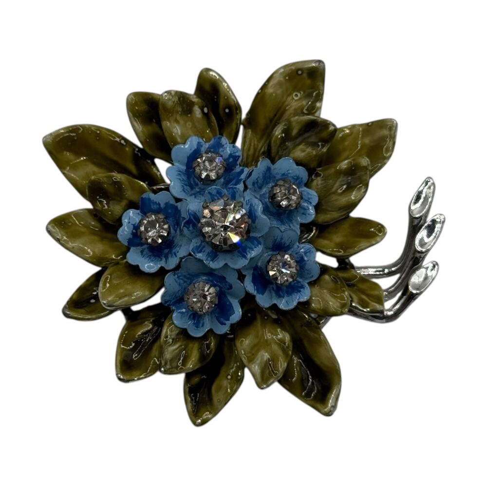 Vintage Coro Floral Bouquet Brooch‎ Pin Enamel Green Blue Rhinestone Summer